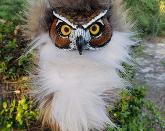 Large Avian: Great Horned Owl Woodbaby, Handmade Shoulder-sitting Puppet for cosplay and fantasy fun!