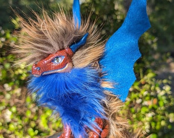 Adorable PennyBlue Dragon Hatchling Woodbaby, Handmade Shoulder-sitting Puppet, Companion/Familiar/Pet, for Cosplay and Fantasy Fun!