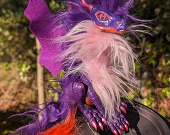 Adorable BlackLight Dragon Hatchling Woodbaby, Handmade Shoulder-sitting Puppet, Companion/Familiar/Pet, for Cosplay and Fantasy Fun!