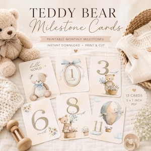 Afdrukbare mijlpaalkaarten teddybeer, maandelijkse mijlpaalkaarten baby, Hello World Card, neutrale babymijlpalen, pdf-bestand direct downloaden