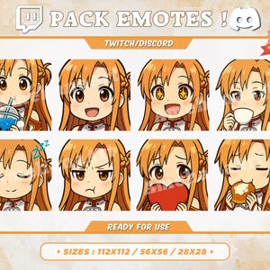 以下が含まれることがあります： オレンジ色の髪のキャラクターが特徴の、8つのアニメスタイルの絵文字のコレクション。絵文字は、飲んだり、寝たり、心臓を持ったりするなど、さまざまな表情を表示します。「PACK EMOTES!」と「TWITCH/DISCORD」というテキストが上部にあります。画像には「READY FOR USE」とサイズが含まれています。