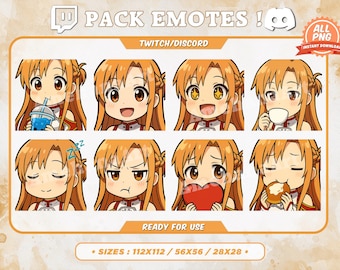 8 emoticonos de anime chibi de Sao Girl - Paquete para Twitch y Discord - Emojis PNG para streamers (descarga instantánea)