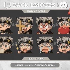 May include: A collection of eight anime-style emotes featuring a character with gray hair and a black headband. The emotes display various expressions, including sleeping, holding a cross, anger, and holding a heart. Text includes "PACK EMOTES!" and "TWITCH/DISCORD".