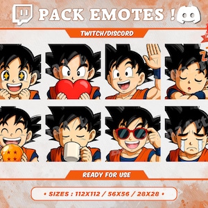 May include: Eight cartoon emotes of a character with black spiky hair and an orange and blue outfit. The emotes show different expressions, including happiness, love, and sadness. Text at the top reads "PACK EMOTES!" and "TWITCH/DISCORD."