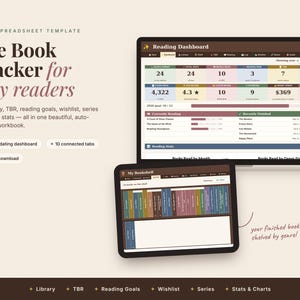 May include: An Excel spreadsheet template titled The Book Tracker for cozy readers, featuring a Reading Dashboard on a laptop and a My Bookshelf view on a tablet. The interface displays reading statistics, yearly goals, and a visual library of book spines.