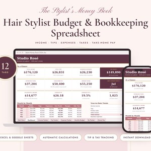 Hair Stylist Budget & Bookkeeping Spreadsheet | Tip Income Expense and Tax Tracker Excel and Google Sheets