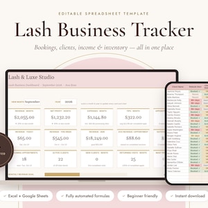Lash Tech Spreadsheet, Lash Business Planner, Booking, Income, Expense & Inventory Tracker
