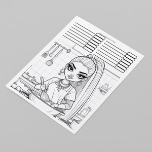 K&ouml;nnte beinhalten: Eine Schwarzwei&szlig;-Malvorlage mit einem Cartoon-M&auml;dchen, das in einer K&uuml;che kocht. Das M&auml;dchen hat langes Haar und tr&auml;gt eine Halskette und Ohrringe. Die Seite enth&auml;lt eine Checkliste mit dem Titel "Kitchen Chore Chart".
