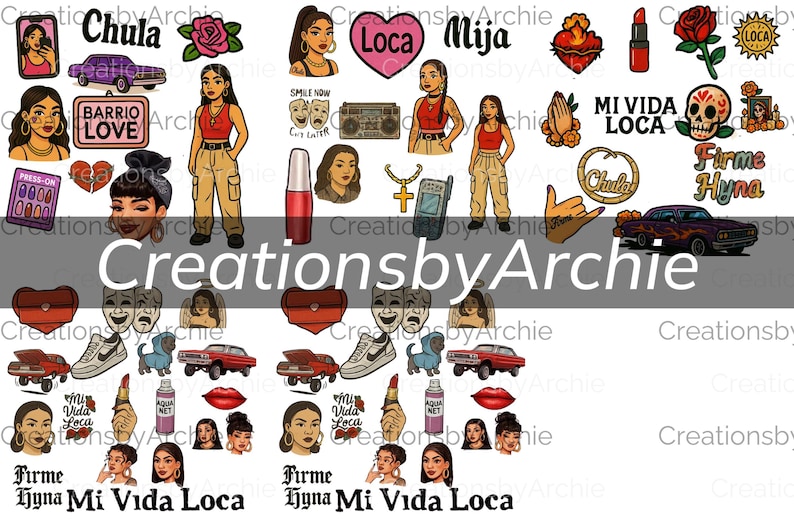 Chola Clip Art Bundle 52 PNGs Latina Urban Fashion, Lowrider Art, Hoop Earrings, Flannels, Tattoo Style, Transparent Backgrounds