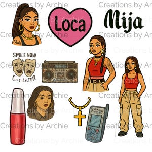 Chola Clip Art Bundle 52 PNGs Latina Urban Fashion, Lowrider Art, Hoop Earrings, Flannels, Tattoo Style, Transparent Backgrounds