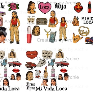 Chola クリップ アート バンドル 52 PNG ラテン系アーバンファッション、ローライダーアート、フープイヤリング、フランネル、タトゥースタイル、透明背景