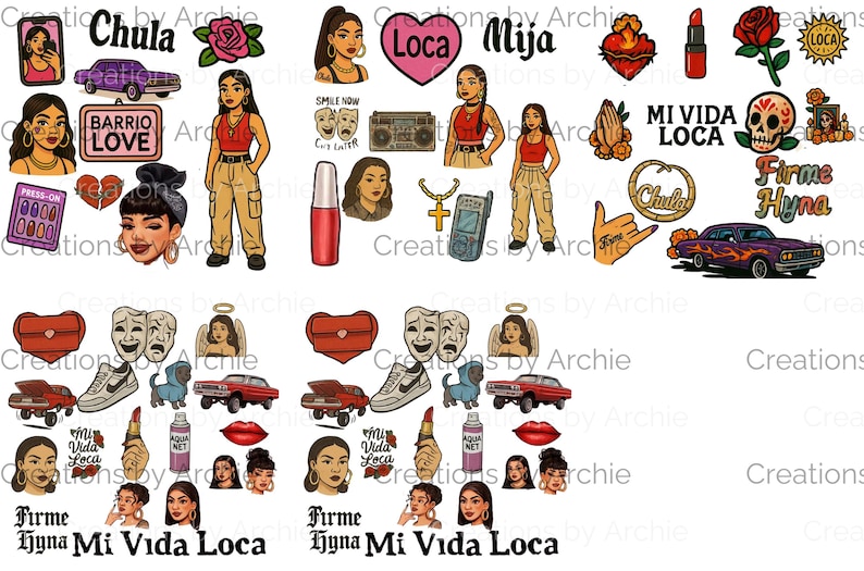 Chola Clip Art Bundle 52 PNGs Latina Urban Fashion, Lowrider Art, Hoop Earrings, Flannels, Tattoo Style, Transparent Backgrounds
