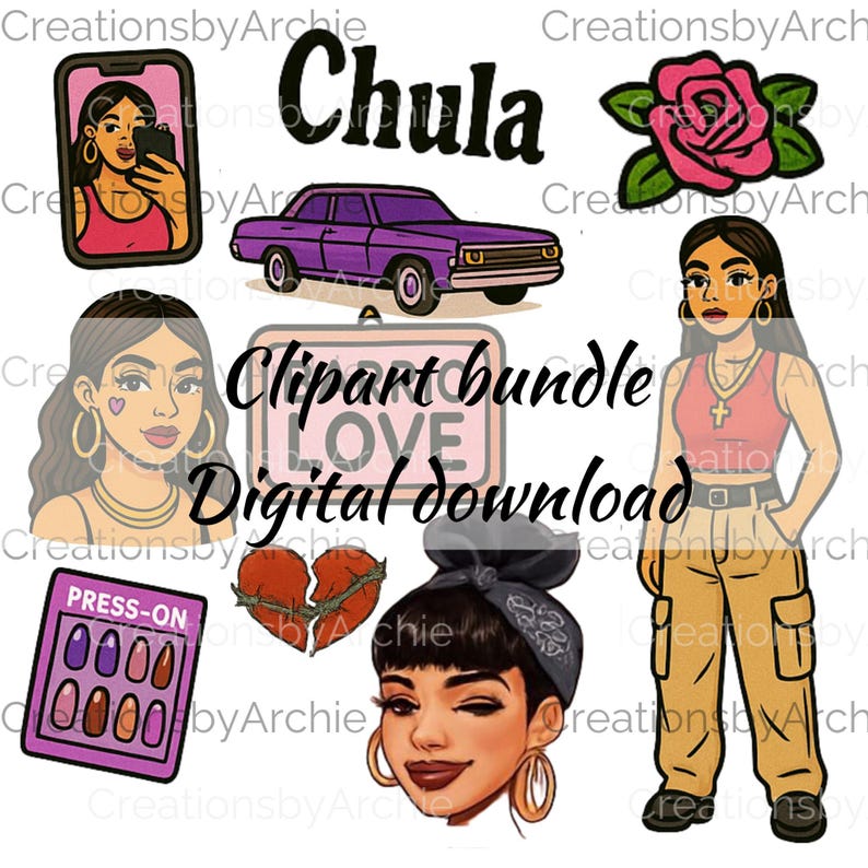 Chola Clip Art Bundle 52 PNGs Latina Urban Fashion, Lowrider Art, Hoop Earrings, Flannels, Tattoo Style, Transparent Backgrounds