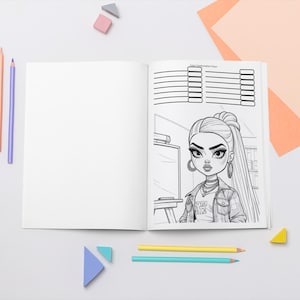 K&ouml;nnte beinhalten: Eine Schwarzwei&szlig;-Malbuchseite mit einem Cartoon-M&auml;dchen mit langen Haaren und einem karierten Hemd. Das M&auml;dchen steht vor einem Staffelei mit einer leeren Leinwand. Die Seite ist von leeren Zeilen zum Schreiben umgeben.