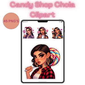 May include: Digital clipart set featuring illustrations of women holding lollipops. The images are in a cartoon style, with vibrant colors and bold outlines. The text "Candy Shop Chola Clipart" is displayed at the top, with "45 PNG'S" in a circle.