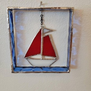 1  stained glass Sailing boat  in a Shadow box , Christmas gift, Wall hangig