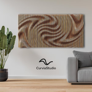 May include: A rectangular wooden wall art piece with a wave-like design. The artwork is made of vertical wooden slats in varying shades of brown and gold. The logo "CurviaStudio" is below the artwork.