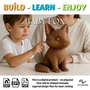 Baby Fuchs Parametrisch geschnitten 3D Puzzle | DIY Holzlernspielzeug | Laserschnitt-Dateien (SVG, DXF, Pdf) | Tolles Build & Lern-Projekt