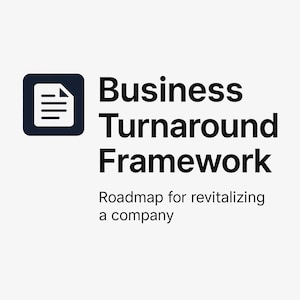 Könnte beinhalten: Grafik mit dem Text "Business Turnaround Framework" und dem Slogan "Roadmap for revitalizing a company". Die Grafik enthält ein dunkelblaues Quadrat mit einem weißen Dokumentsymbol.