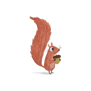 Puede incluir: Ilustración de dibujos animados de una ardilla con una cola grande y esponjosa de color marrón rojizo. La ardilla sostiene una bellota marrón y beige. La ardilla tiene una barriga blanca, una pequeña nariz negra y un solo ojo. El fondo es blanco.