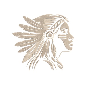 May include: A tan-coloured embroidered design of a Native American person in profile, wearing a feathered headdress. The design features detailed stitching, with the feathers and facial features clearly defined against a white background.