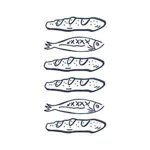 Puede incluir: Ilustración en blanco y negro de baguettes y peces. La imagen presenta filas alternas de baguettes y peces, todos dibujados con un estilo simple y delineado. Las baguettes tienen detalles punteados y los peces tienen sombreado cruzado.