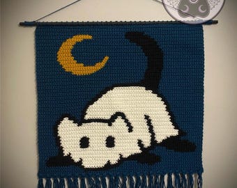 Miaou à la lune - Modèle de tapisserie au crochet Chat fantôme