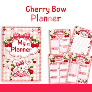 Può includere: Un set di planner Cherry Bow con uno sfondo a quadretti vichy rosa e bianco e illustrazioni di ciliegie rosse. La copertina mostra un coniglio bianco con un fiocco rosa e le pagine interne includono sezioni mensili, settimanali, giornaliere e per appunti.