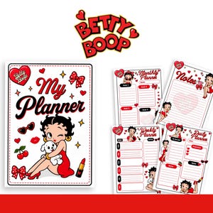 May include: A Betty Boop themed planner set featuring a main cover titled My Planner with a cartoon character, a white dog, red hearts, cherries, and lipstick. The set includes internal pages for monthly, weekly, daily planning, and notes with matching graphics.