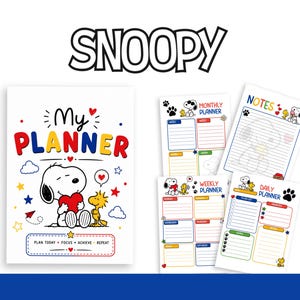 May include: A Snoopy themed planner set featuring a main cover with the text My Planner and Snoopy holding a red heart next to Woodstock. The set includes individual pages for a monthly planner, weekly planner, daily planner, and notes section.