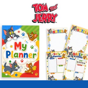 Może przedstawiać: Zestaw planera z motywem Toma i Jerry'ego, zawierający kolorową okładkę z napisem My Planner oraz ilustracjami postaci. Zestaw zawiera wiele stron z sekcjami na notatki i planowanie dnia, ozdobionych grafikami Toma i Jerry'ego.