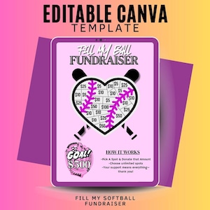 Peut inclure: Modèle numérique pour une collecte de fonds de softball, avec un design en forme de cœur et des valeurs monétaires. Le modèle comprend le texte "Fill My Ball Fundraiser" et des instructions. L'objectif est de 500 €.
