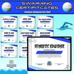 May include: A collection of customizable swimming certificates with blue and white designs. The certificates feature phrases like "Fearless Finisher" and "Hydro Hero." The image includes the text "Swimming Certificates" and "Purchase-Download-Edit-Print."