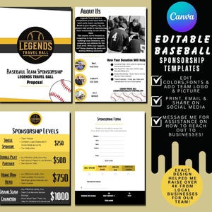 Baseball Sponsor Packet Canva Template – 4 Editable Pages: Title, Team Intro, Sponsorship Levels & Donation Form – Digital Download,EDITABLE