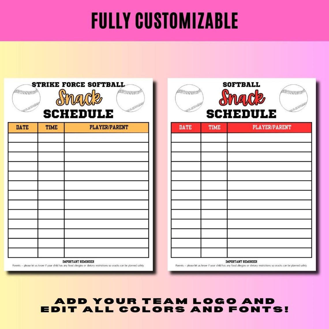 Softball Snack Schedule Template | Editable Canva Team Snack Planner ...