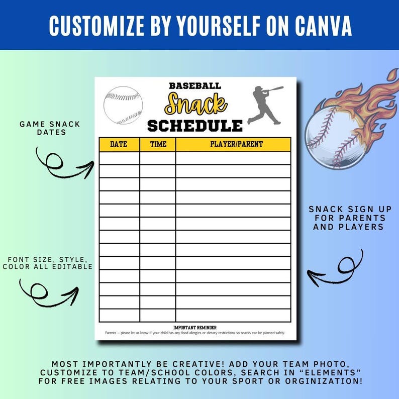 Baseball Snack Schedule Template Editable Canva Team Snack Planner