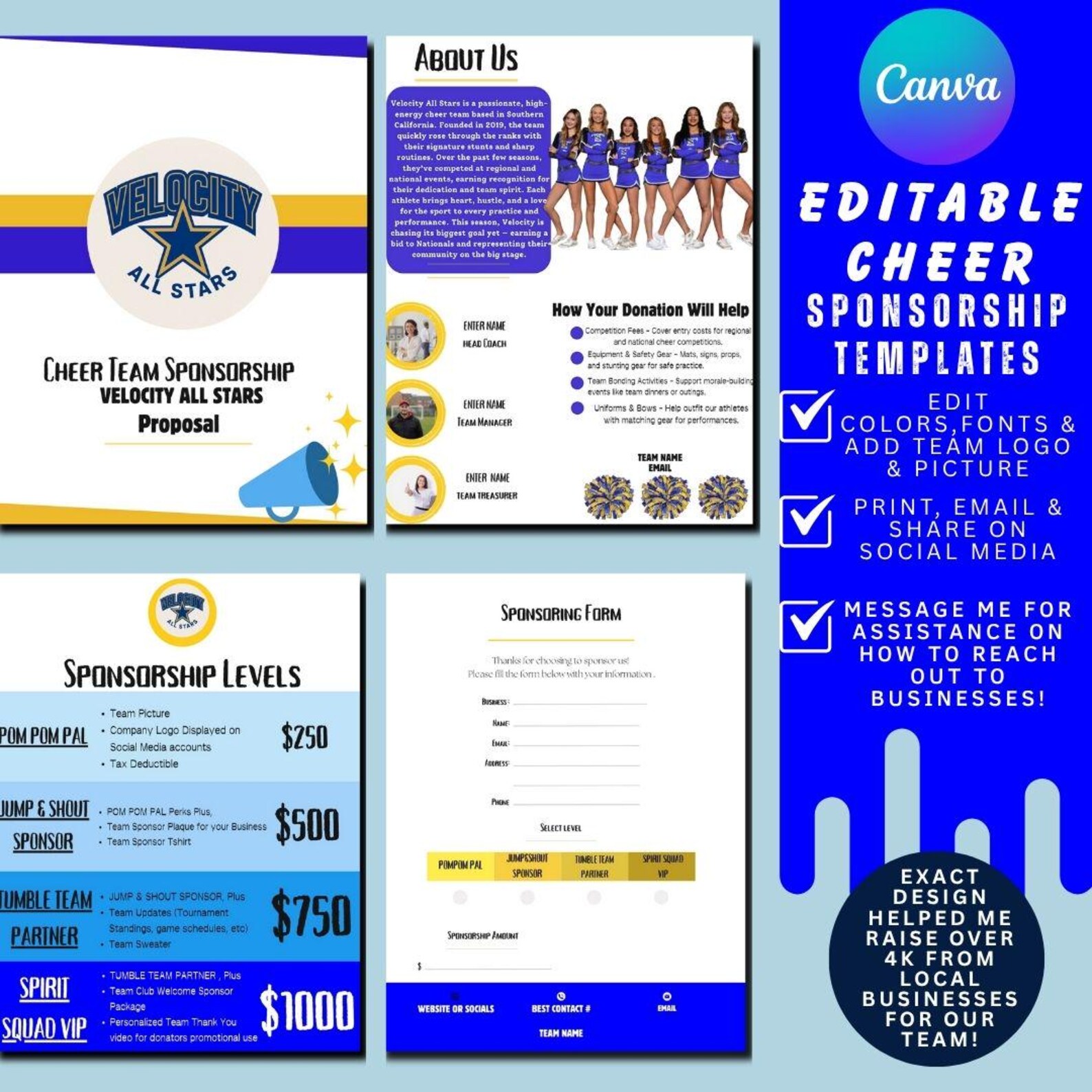 Cheer Sponsor Packet Canva Template: Editable 4-page Fundraising Kit ...