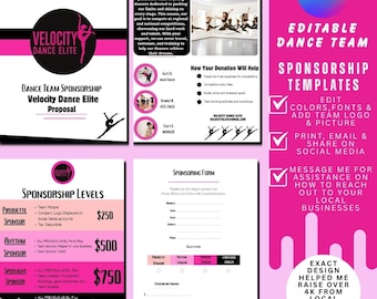 May include: A pink and black sponsorship template for the Velocity Dance Elite dance team. The design includes information about the team, sponsorship levels, and a form. The Canva logo is visible, along with the text "Editable Dance Team Sponsorship Templates."