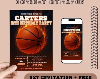 May include: An editable basketball birthday invitation featuring a basketball engulfed in flames. The invitation includes the text "CARTERS 12TH BIRTHDAY PARTY", date, time, and RSVP information. A mobile version is also shown.