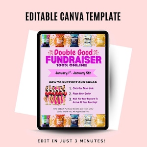 May include: A digital flyer for a Double Good fundraiser, featuring a group of cheerleaders and a variety of popcorn flavours. The fundraiser runs from 1st January to 5th January and is 100% online. The flyer includes instructions on how to support the squad by clicking a team link, placing an order, and waiting for the popcorn to arrive at their doorstep. 50% of each purchase benefits the team and their goals.
