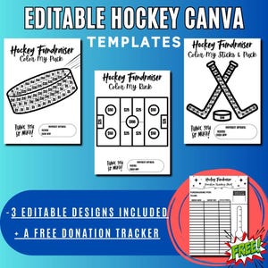 Plantillas de Canva para recaudar fondos para hockey, &quot;Llena mi disco&quot;, palos y disco, &quot;LLENA MI PISTA&quot; + Rastreador de donaciones gratuito, descarga imprimible, hockey