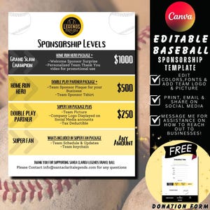 Baseball Sponsorship Package | Editable Canva Template | 1 Page Sponsorship Levels + Free Donation Form | Fundraiser Flyer | Team Sports