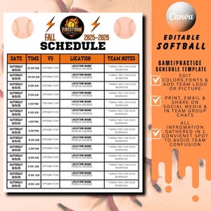 May include: A softball schedule template with an orange and white design. The schedule includes dates, times, opposing teams, locations, and team notes. The template is editable and can be used for game/practice schedules.