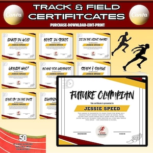 May include: A collection of track and field certificates with various designs and text. The certificates feature phrases like "Linked in Gold" and "Future Olympian." The certificates are customizable and designed for the end of the season.