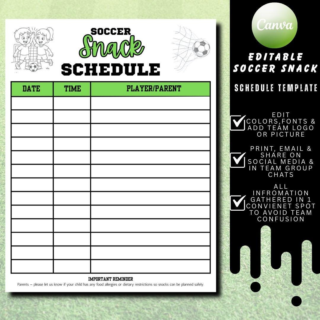 Soccer Snack Schedule Template | Editable Canva Team Snack Planner | 1 ...