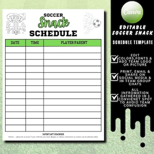 Peut inclure: Un modèle de planning de collations de football blanc avec des accents verts. Le haut comporte les mots "Soccer Snack Schedule" et un graphique de ballon de football. Le côté droit contient du texte sur l'édition, l'impression et le partage du modèle.