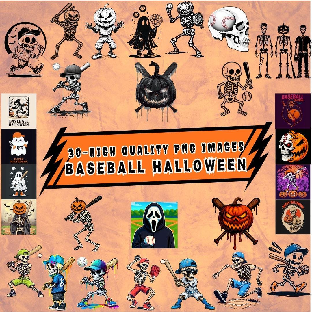 Halloween Baseball PNG Bundle | 30 Spooky Baseball Clipart | Skeleton ...