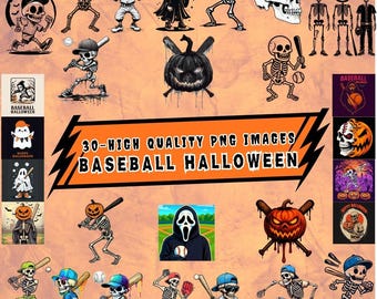 May include: A collection of 30 high-quality PNG images with a Baseball Halloween theme. The images feature skeletons, pumpkins, ghosts, and baseballs. The color palette includes orange, black, white, and various shades of blue and green.