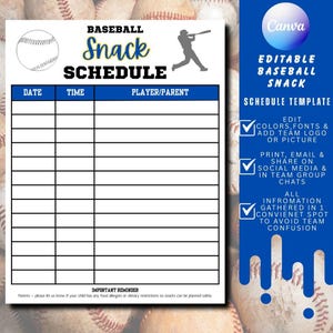 Baseball Snack Schedule Template | Editable Canva Team Snack Planner | 1 Page Sports Schedule | Printable Snack Calendar | Digital Download