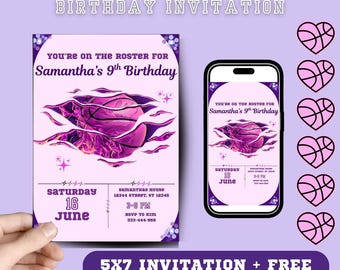 May include: A basketball-themed birthday invitation with the text "EDITABLE BASKETBALL BIRTHDAY INVITATION". The invitation features a purple basketball design and the text "Samantha's 9th Birthday". Includes a mobile version.